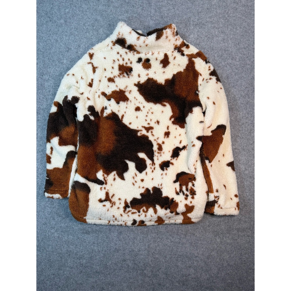 Cow‎ Print Quarter Zip Fleece Pullover Brown White Fuzzy Faux Fur Sweater - Picture 5 of 5